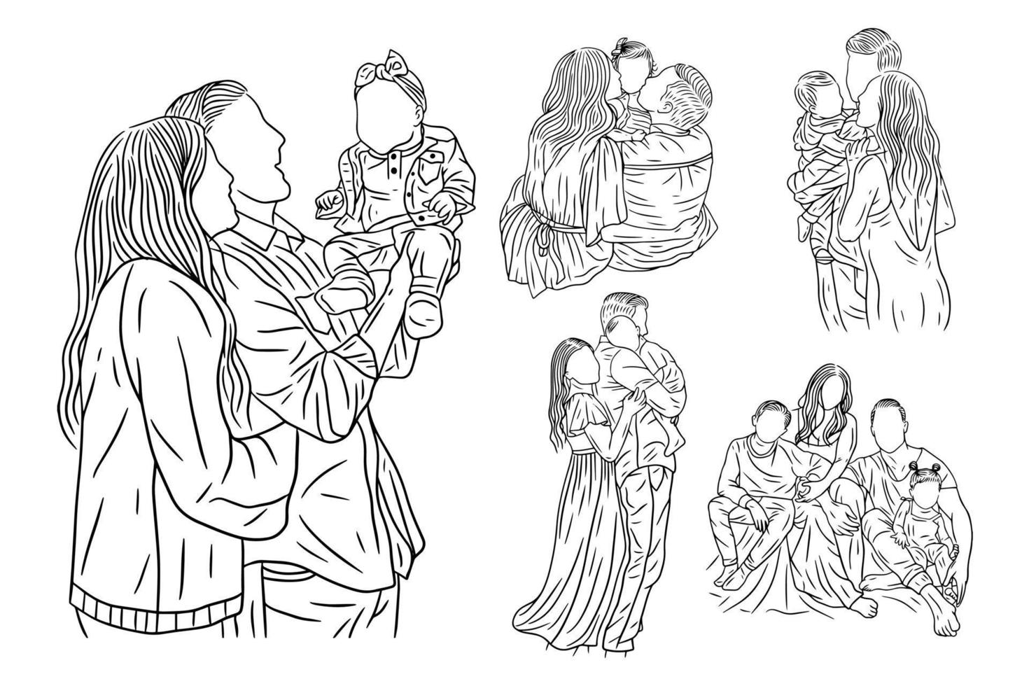 conjunto de arte de línea de paquete dibujo simple familia feliz con niños y niños dibujados a mano vector