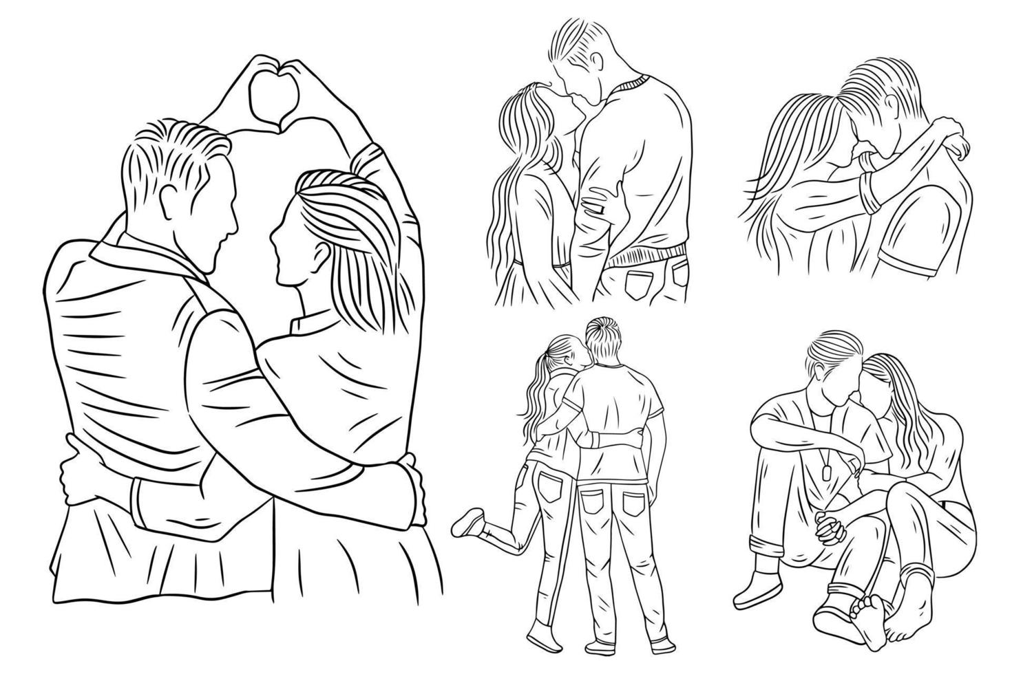 conjunto paquete línea arte dibujo simple pareja amor niño y niña beso dibujado a mano vector