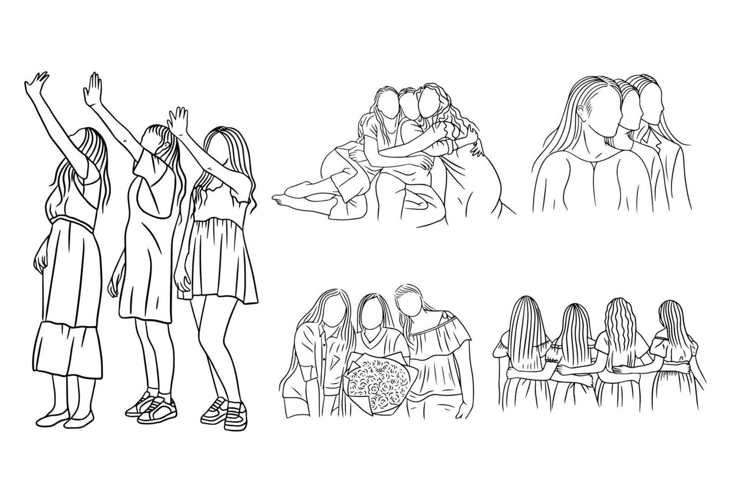 Set Bundle Line Art Drawing Simple Friendship Women Girl Hand Drawn vector