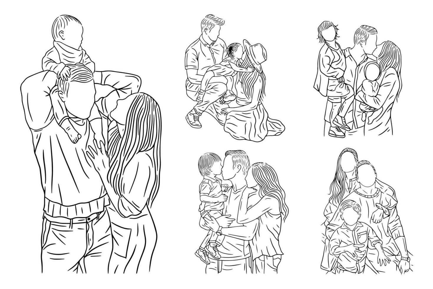 Set Bundle Line Art Drawing Simple Happy Family with Kids and Children Hand Drawn vector
