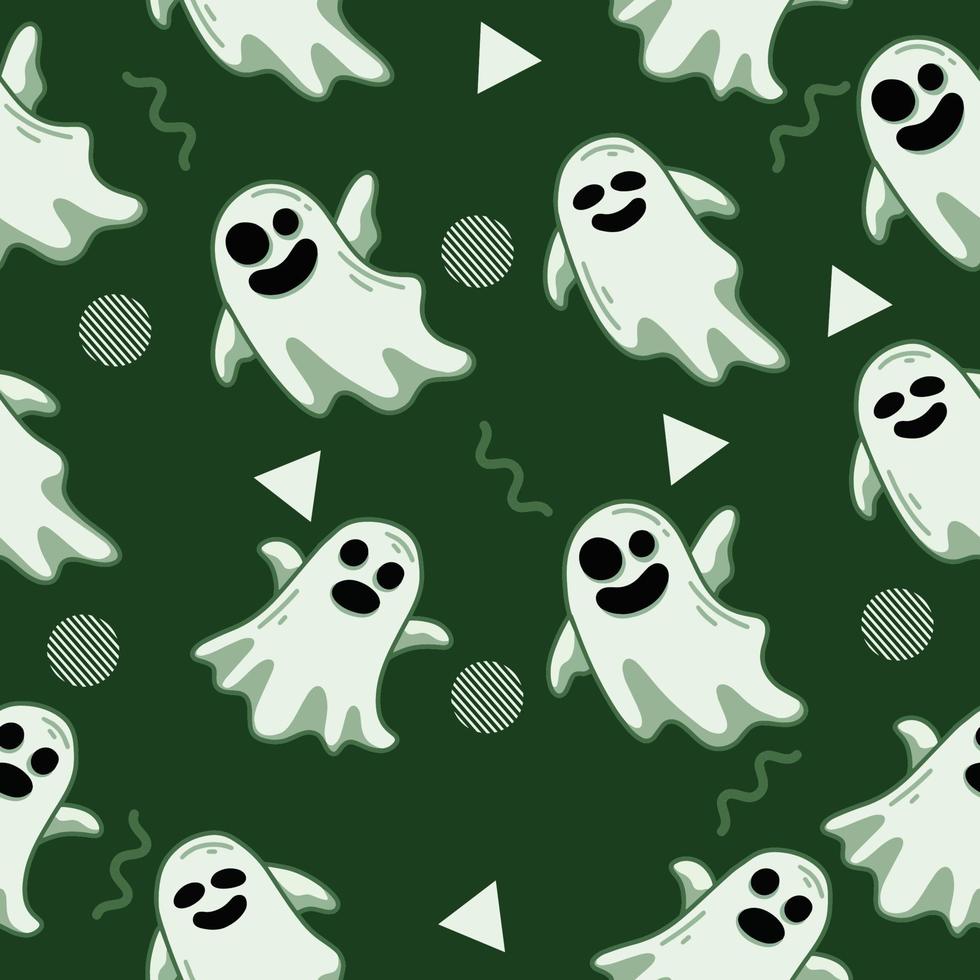 Fondo de pantalla de objeto de patrones sin fisuras fantasma blanco lindo con diseño verde oscuro. vector