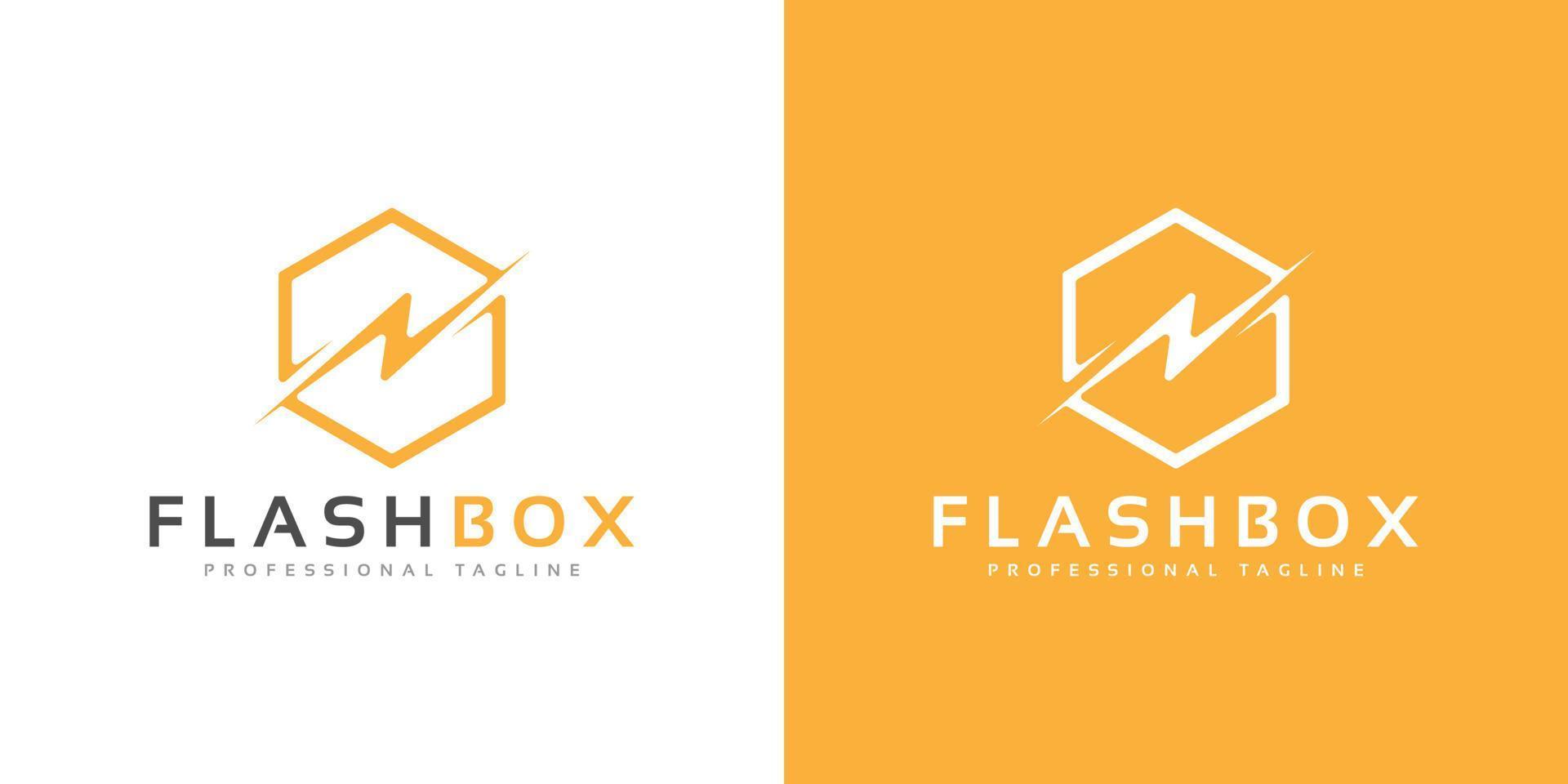 logotipo moderno de tecnología de cubo de caja hexagonal con flash, trueno, perno vector