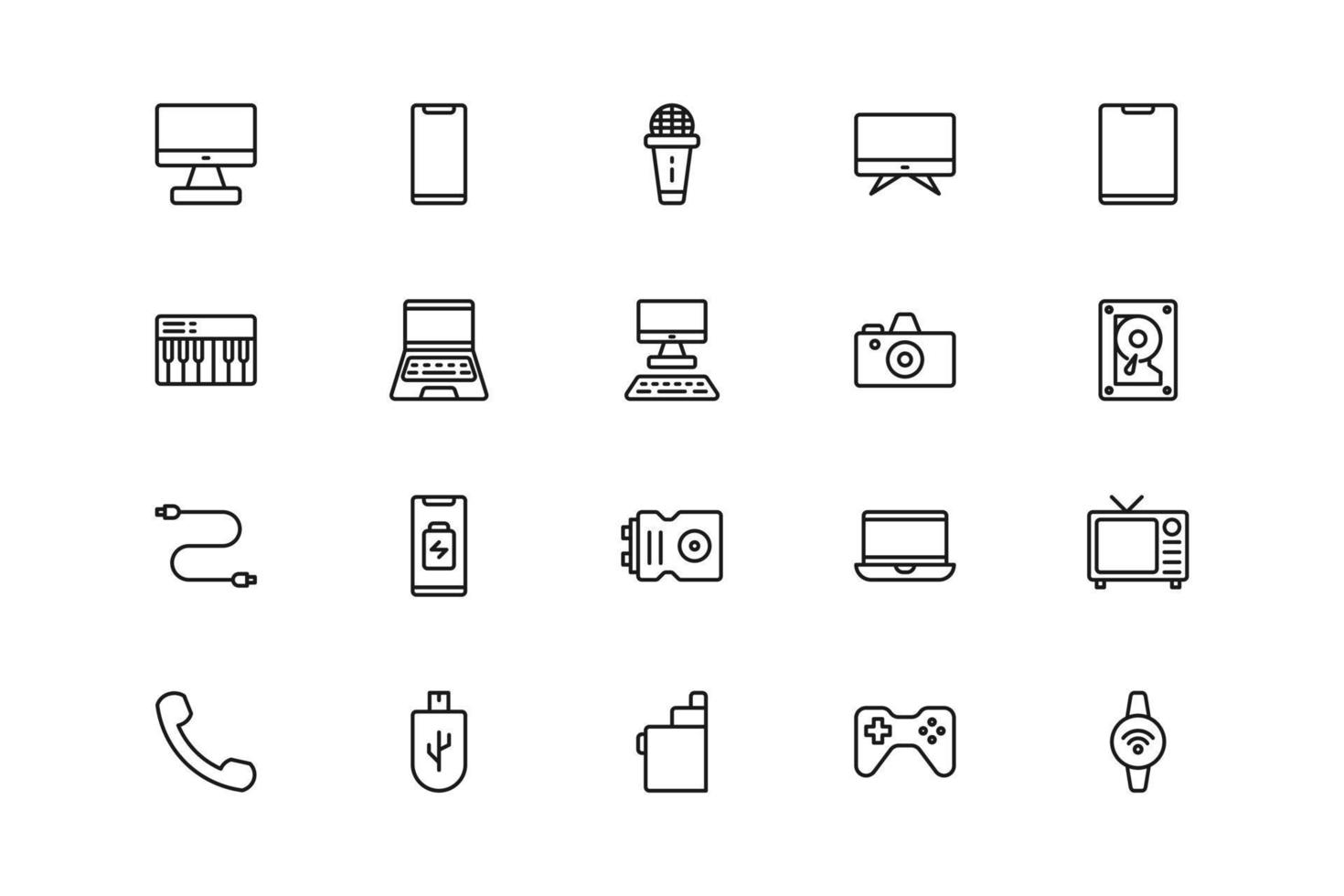 paquete de conjunto de iconos de vector de dispositivos electrónicos en estilo de esquema