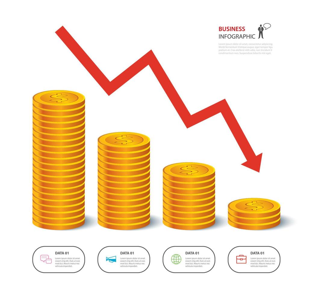 la inflación y la crisis económica. la flecha roja en el gráfico apunta hacia abajo en las pilas de monedas. vector