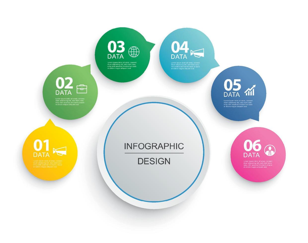 Infographics circle timeline with 6 number data template. Vector illustration abstract background.