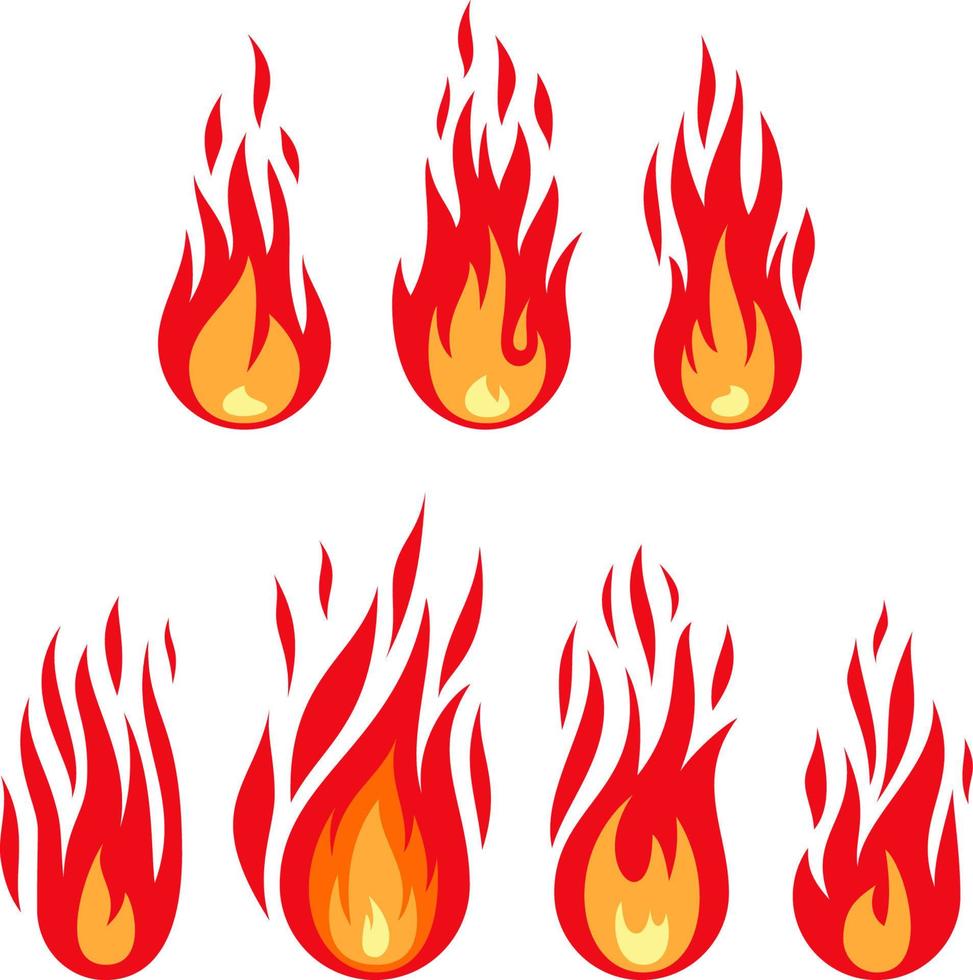 conjunto de llamas de fuego aislado en el fondo blanco. estilo plano de diferentes formas. ilustración vectorial vector