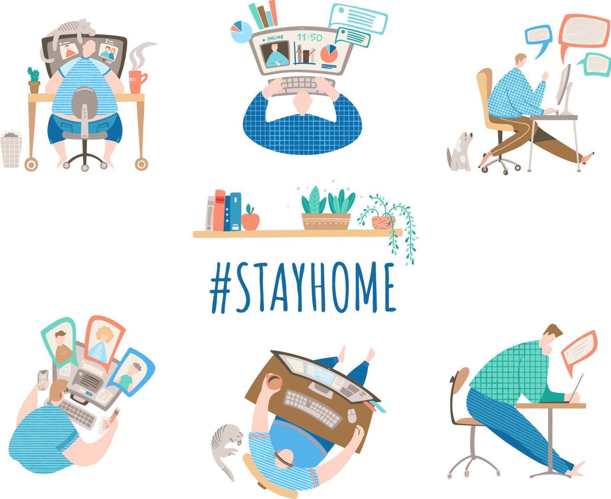 Set of working at home character concept, a man joins to online meeting sitting at the big computer monitor in a cozy home workspace with pets and plants vector
