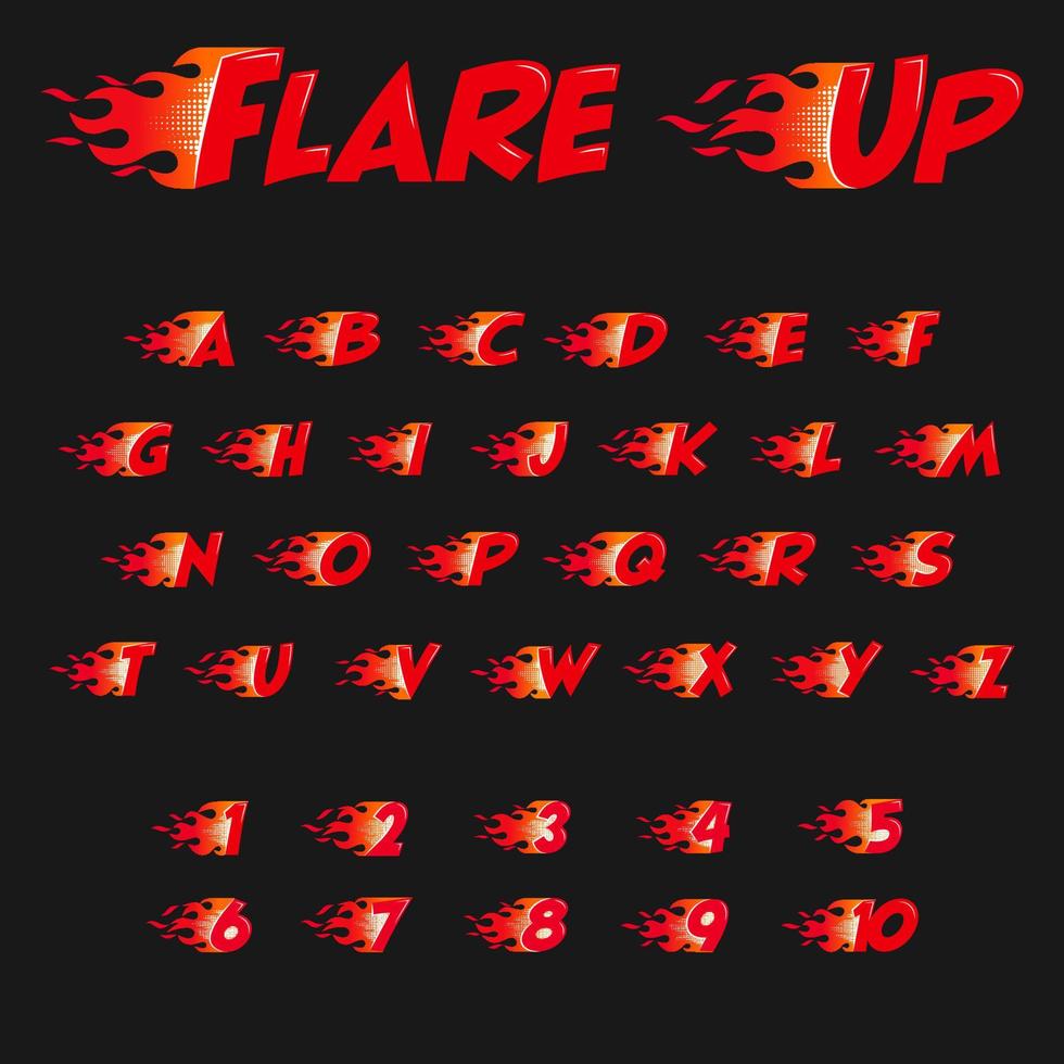 Burning alphabet and numbers. Red fame flat style isolated on the black background. Vector illustration.