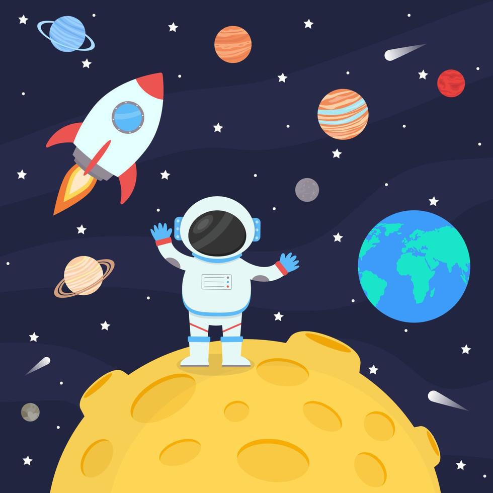 Astronaut in a spacesuit on the moon, next to a rocket, against the background of the starry sky and the planets of the solar system. vector