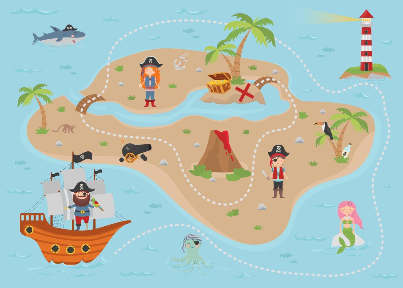 mapa del tesoro pirata de dibujos animados para niños. El mapa tiene una linda sirena, piratas, un pulpo, un tiburón, un faro, una isla del tesoro, un cofre y un barco. vector