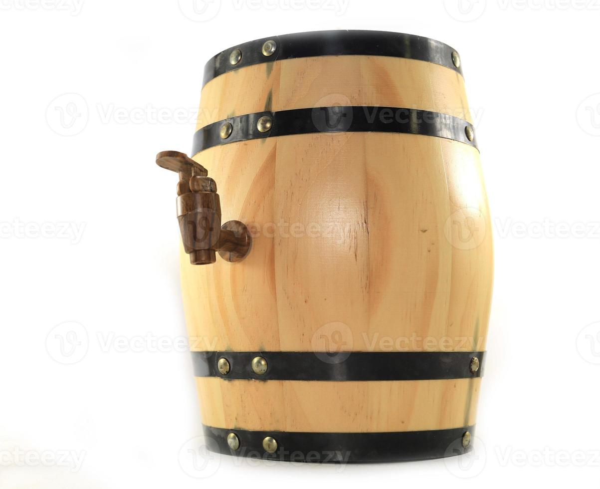 Wooden cork-plastic-on light brown oak barrels-beer-whiskey-small on a white background and a small family. photo