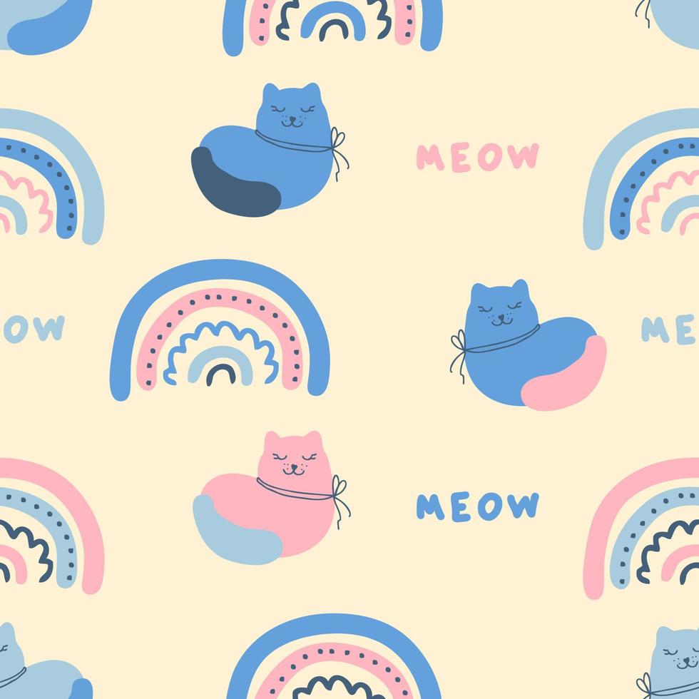 Aimalistic seamless pattern with cats, rainbows and text MEOW. vector