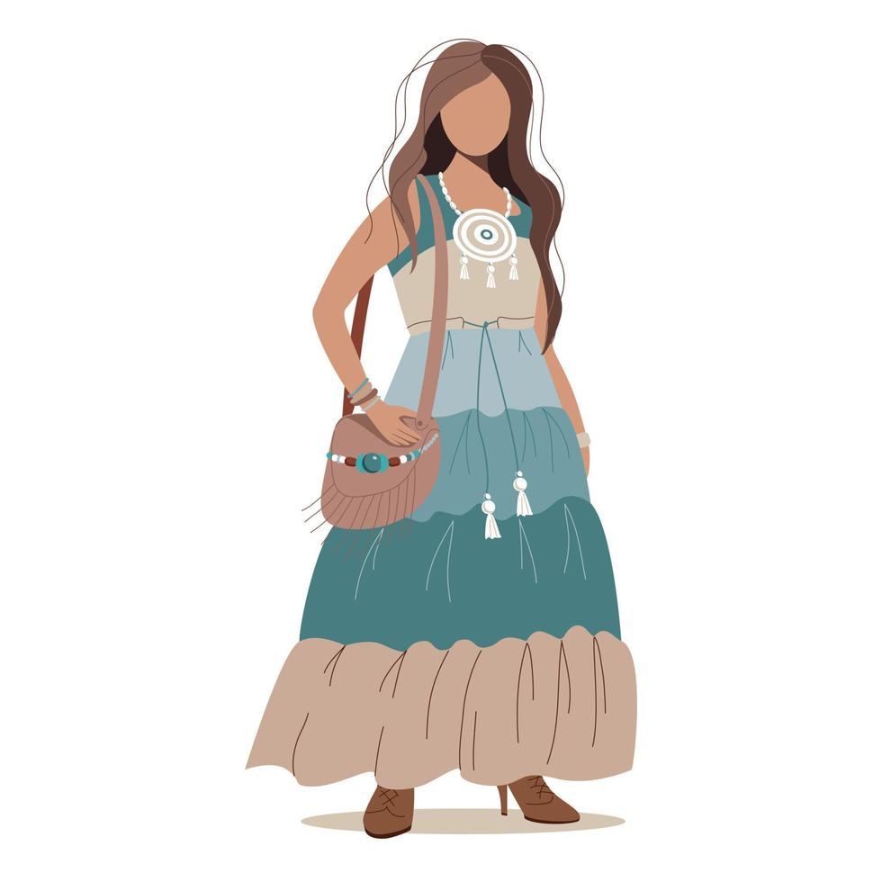 Girl model in boho style dress vector