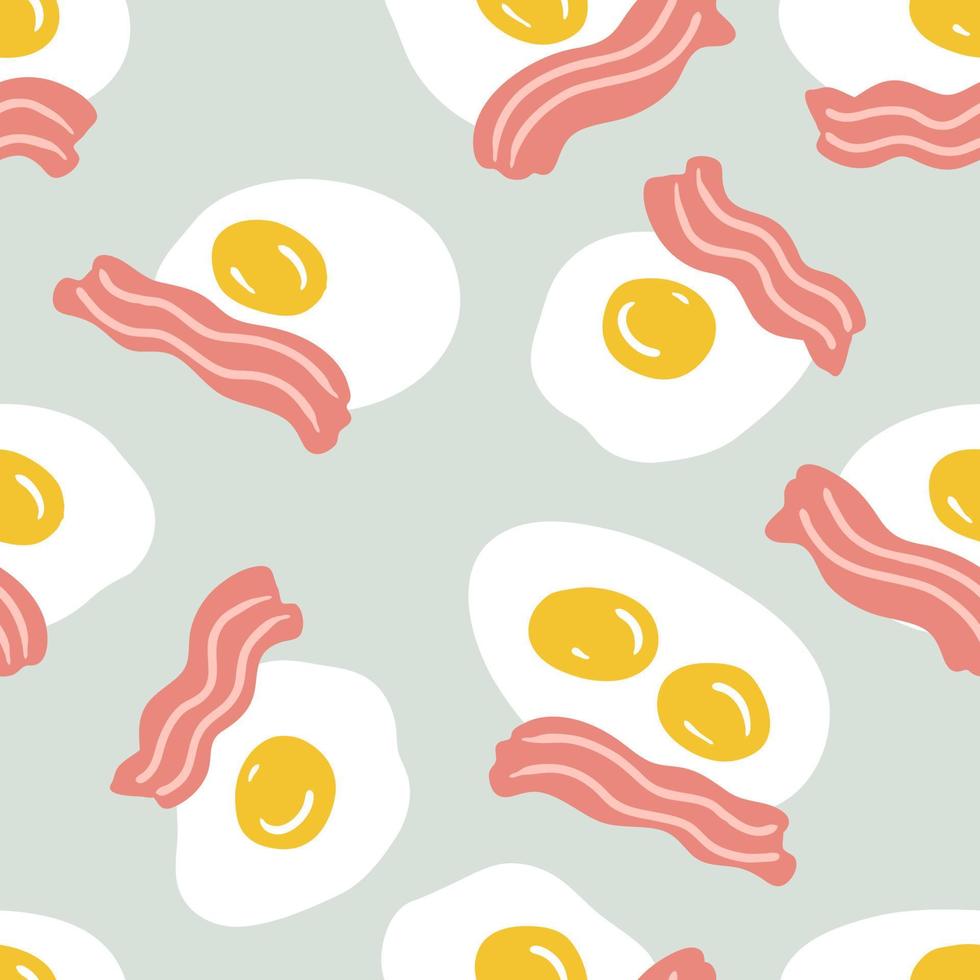 Roasted bacon slices and fried eggs seamless pattern. Food background for any purposes. vector