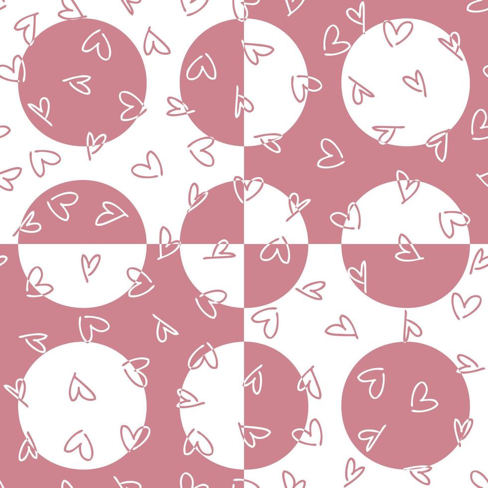 Geometric seamless pattern with doodle hearts and round spots. Aesthetic background with distorted squares and circles. vector