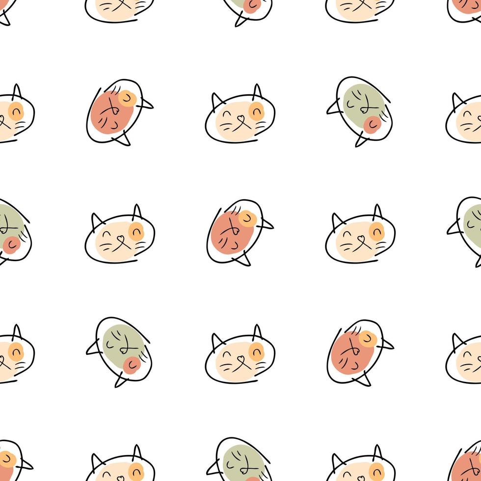 Doodle seamless pattern with sad cats faces. Cute animalistic print for fabric, T-shirt, stationery. vector