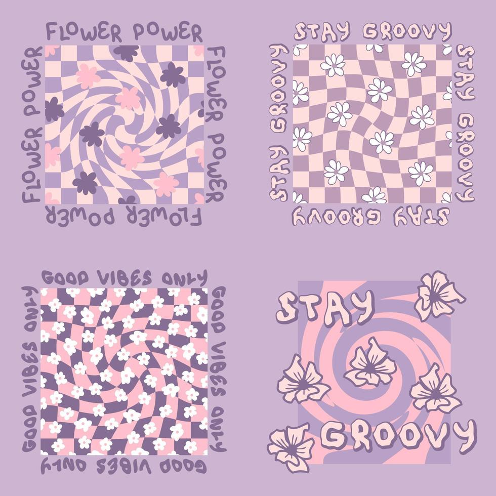 Slogan prints with groovy flowers on trippy grid collection in 1970s style. vector