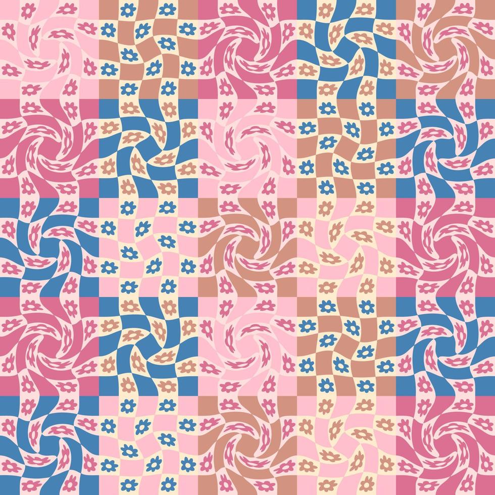 Patchwork hippie aesthetic seamless pattern with groovy flowers in 1970s style. vector