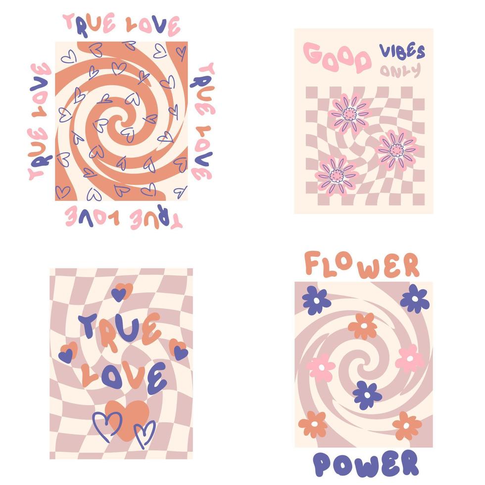Slogan prints with groovy flowers collection in 1970s style. Hippie aesthetic stickers for T-shirt, textile and fabric. vector