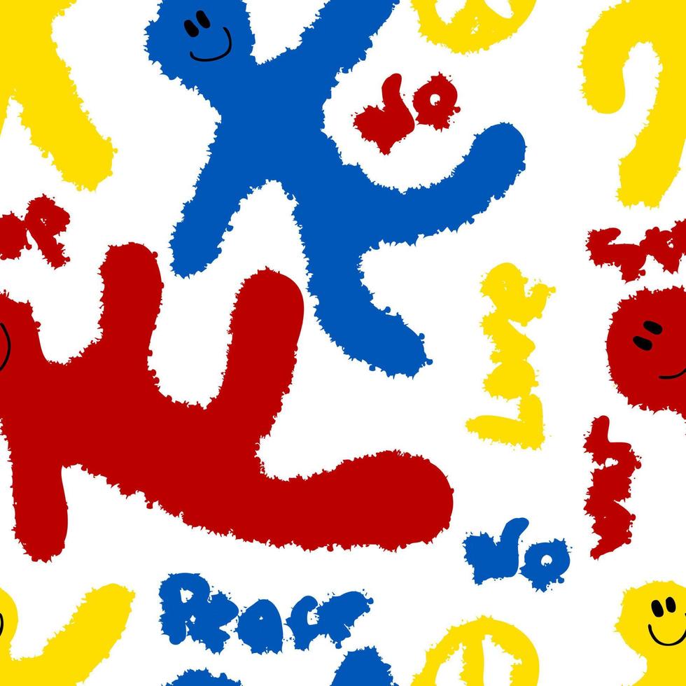 Grunge seamless pattern with peoples silhouettes and inscriptions in graffity style. vector