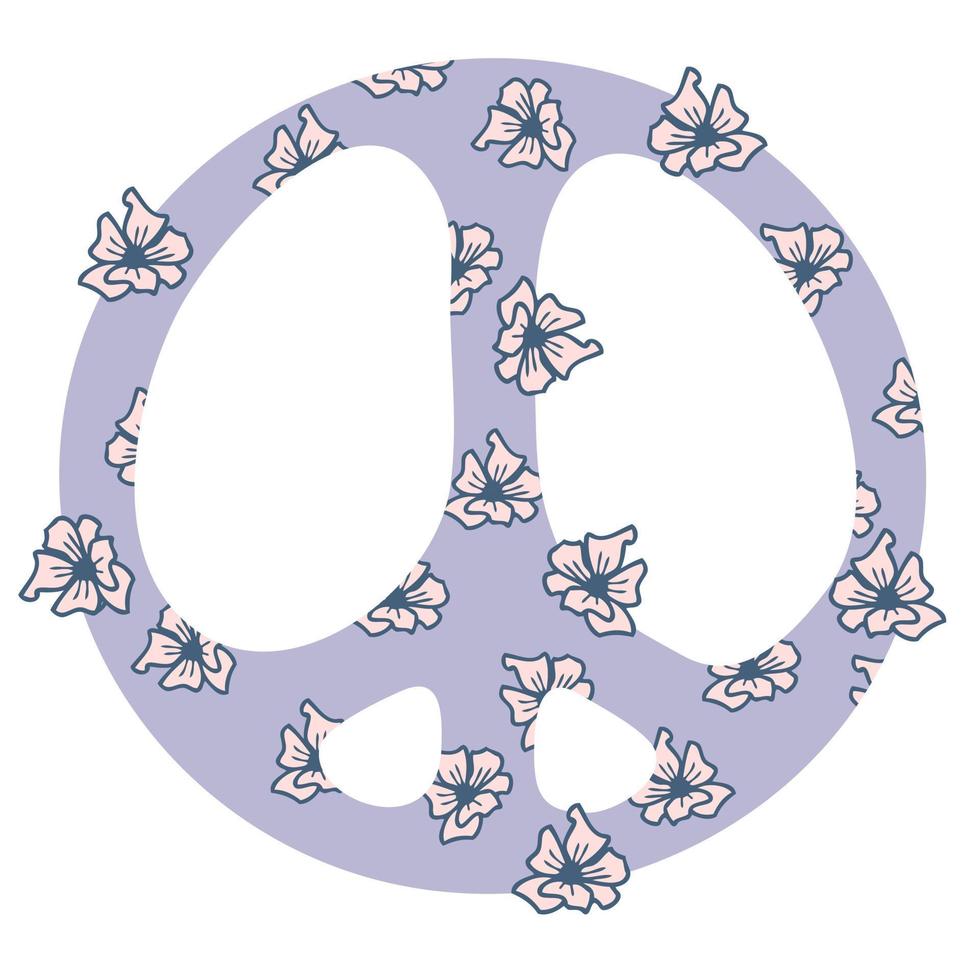 Pacifist peace symbol with doodle flowers in 1970s style. vector