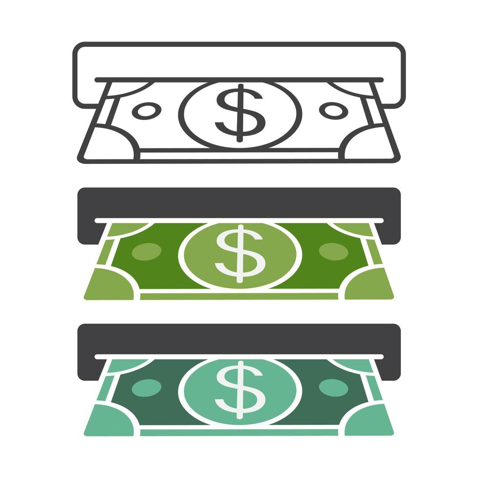 tres íconos planos insertan efectivo o reciben dinero en cajero automático con moneda en dólares para aplicaciones y sitios web vector