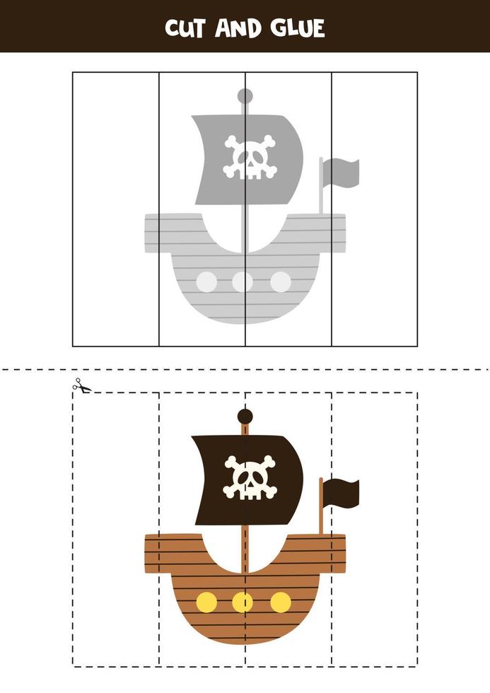 Cut and glue game for kids. Pirate boat. vector