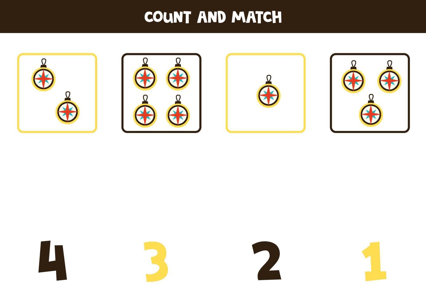 Counting game for kids. Count all compasses and match with numbers. Worksheet for children. vector