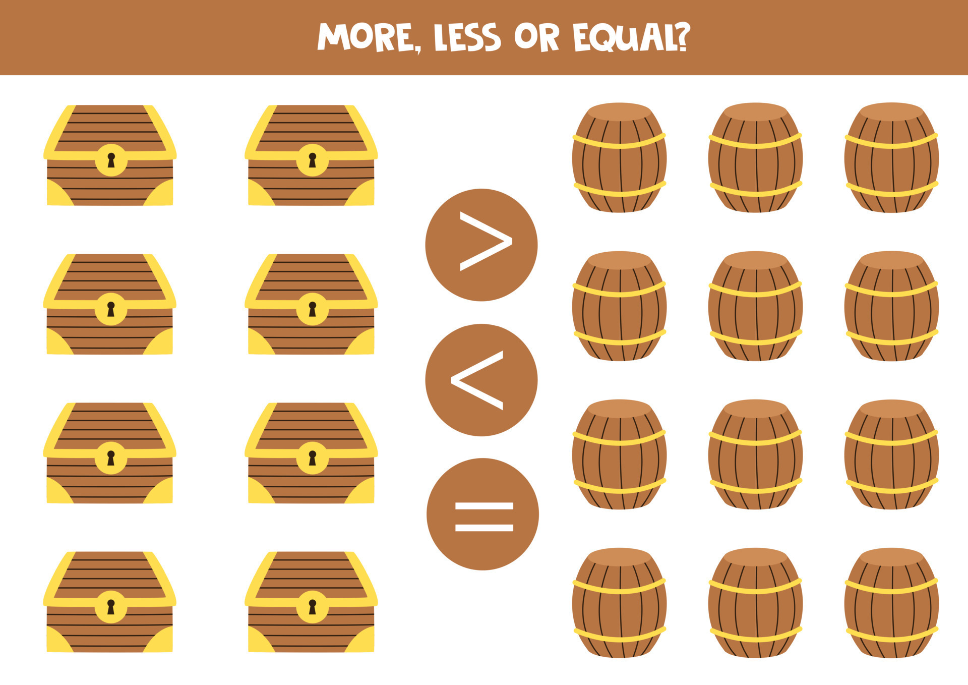 More, less, equal with treasure chests and barrels. 8425182 Vector Art