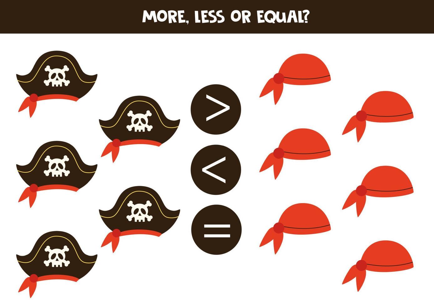 More, less, equal with cute pirate hats. vector