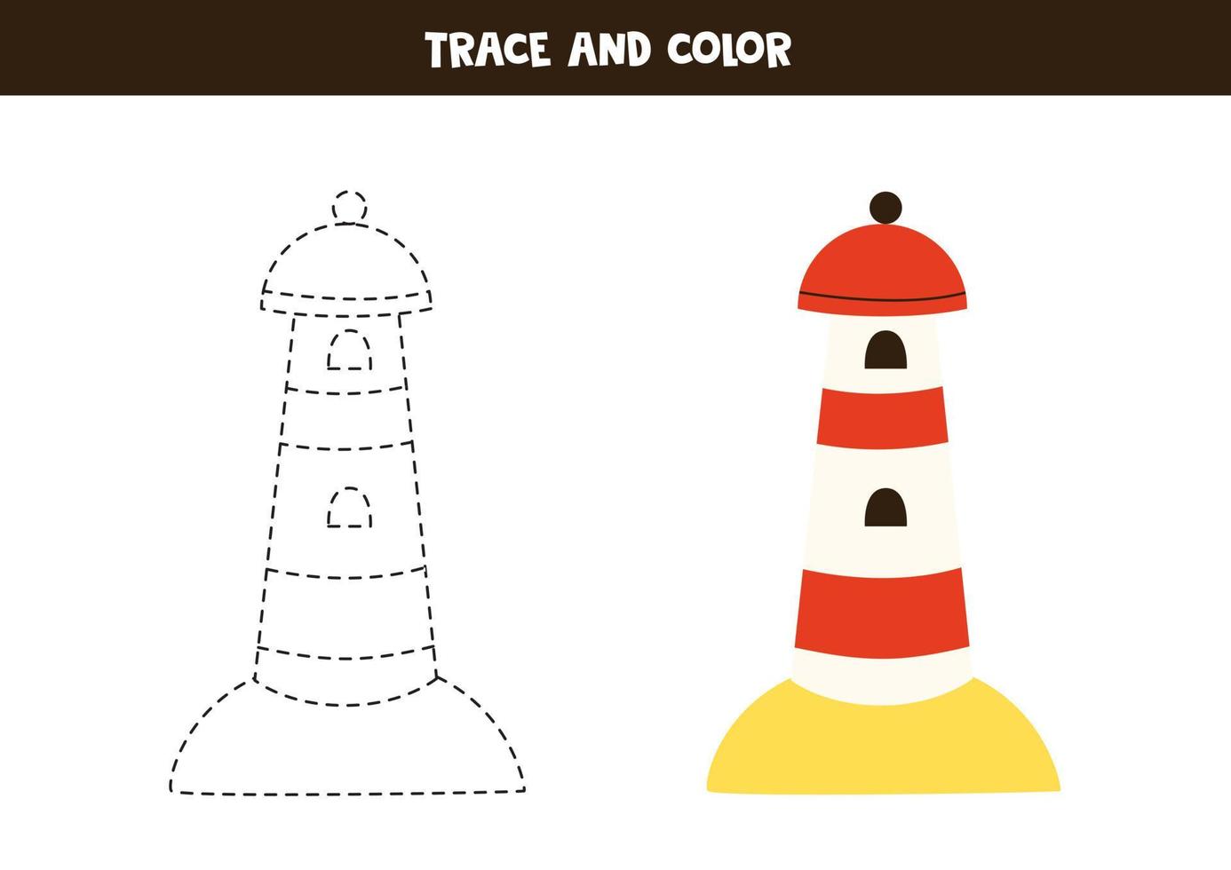 Trace and color lighthouse. Worksheet for children. vector