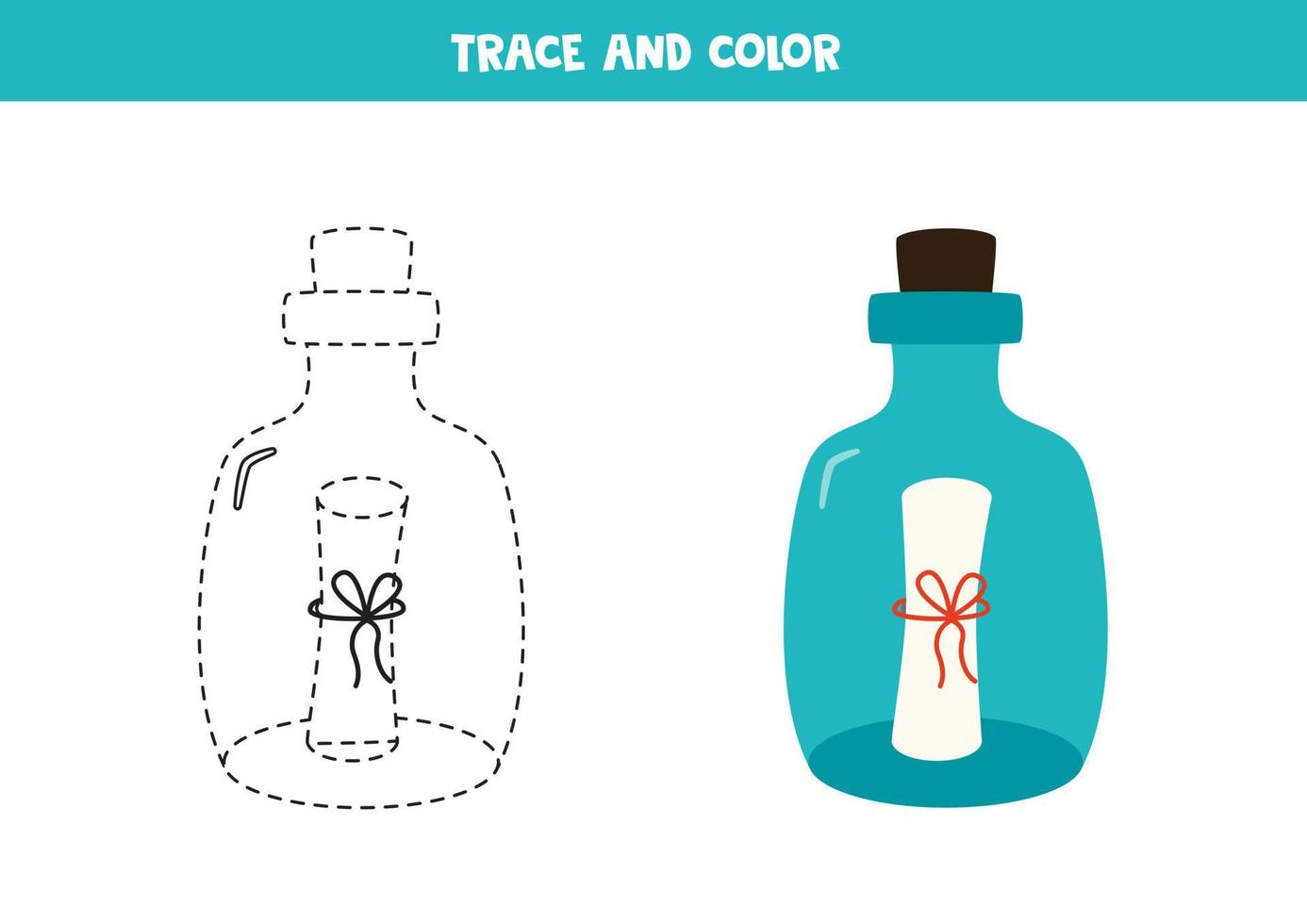 Trace and color bottle with note. Worksheet for children. vector