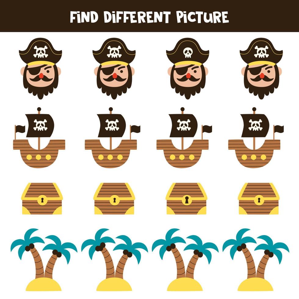 Find pirate object which is different from others. Worksheet for kids. vector