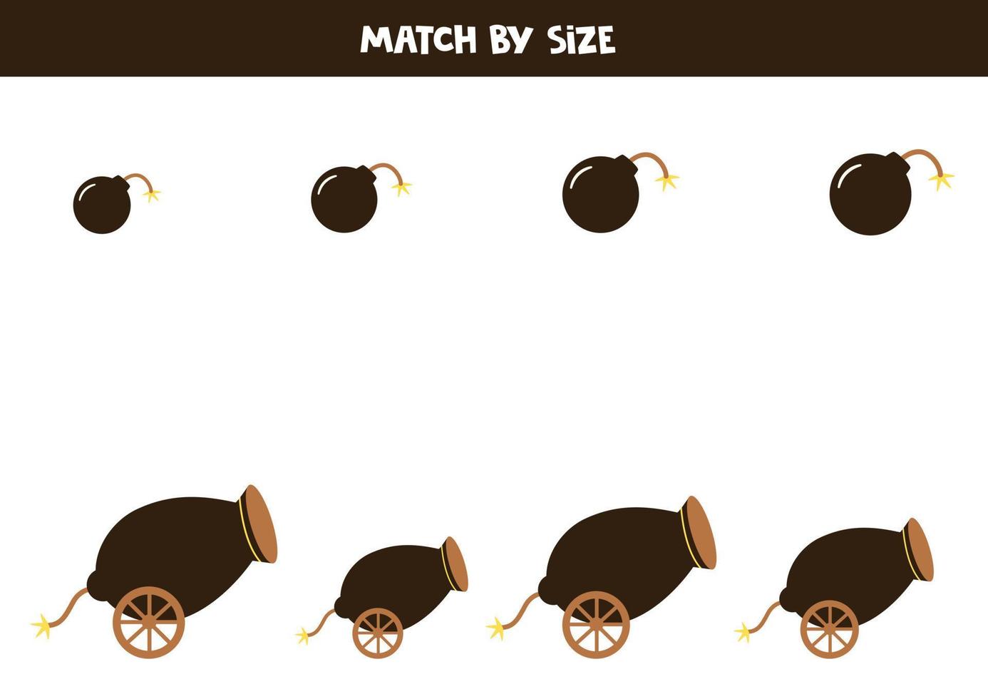 Matching game for preschool kids. Match bombs and cannons by size. vector