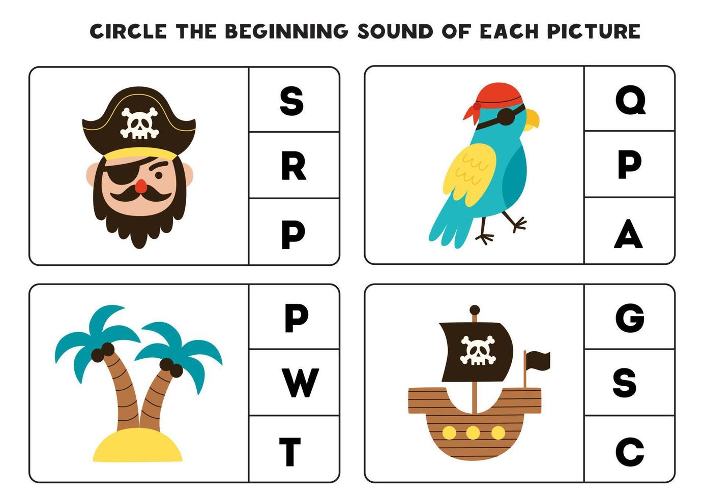 Worksheet for kids. Find the beginning sound of pirate elements. vector
