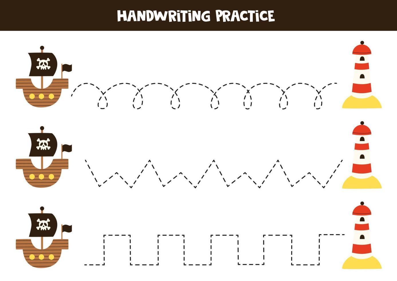 Tracing lines for kids. Pirate ship and lighthouse. Writing practice. vector