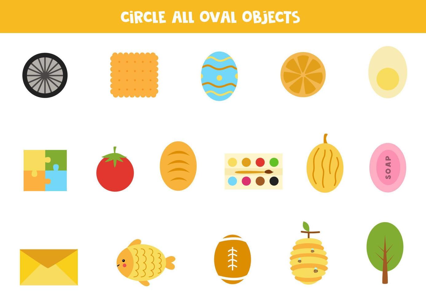 Find all oval objects. Educational worksheet for children. vector