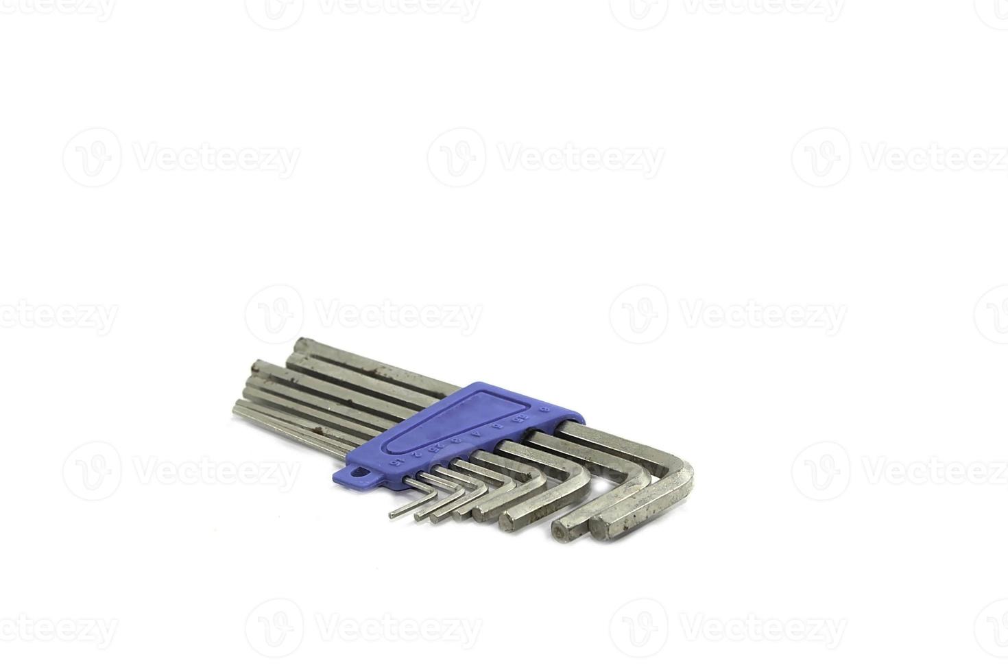 Set of hexagon wrenches, equipment and hand tools isolated on white background photo