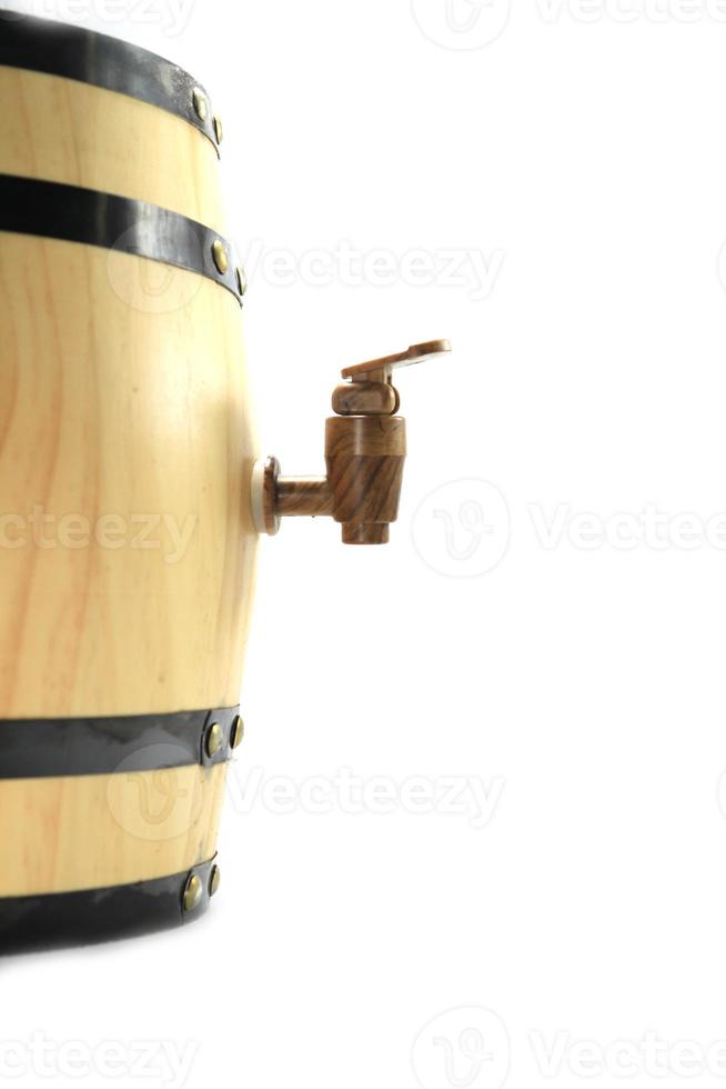 Wooden cork-plastic-on light brown oak barrels-beer-whiskey-small on a white background and a small family. photo