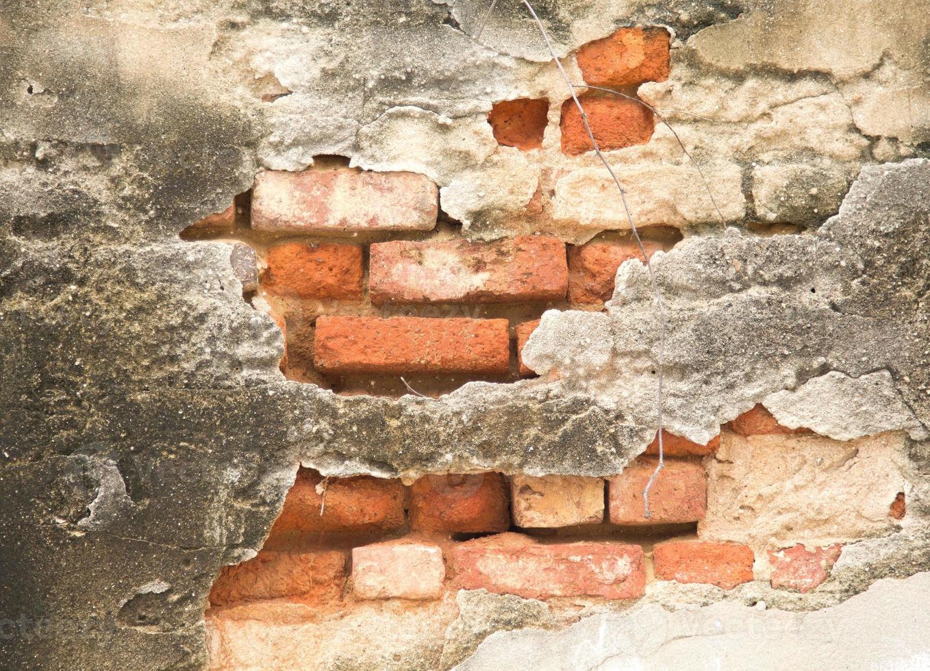 ancient cement walls of the past are old prison walls made of red brick with cracks, patterns, specks, and dirt covered with leaves as time passes from the past to the present. photo