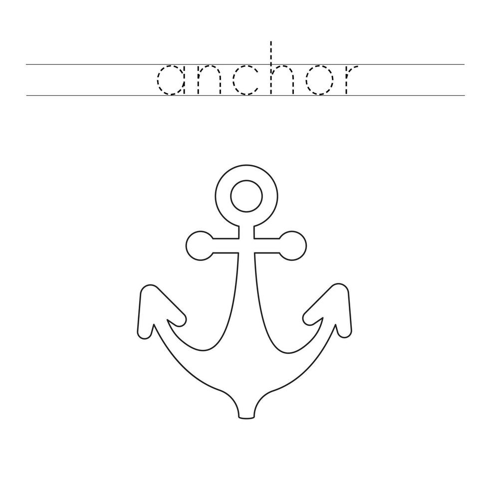 Trace the letters and color anchor. Handwriting practice for kids. vector