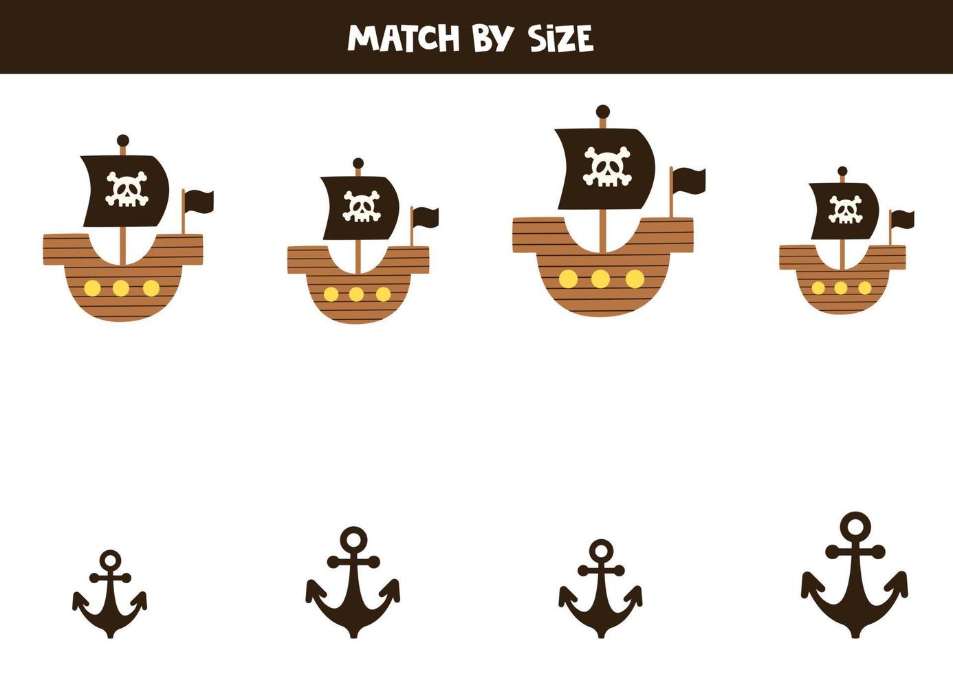 Matching game for preschool kids. Match pirate ships and anchors by size. vector