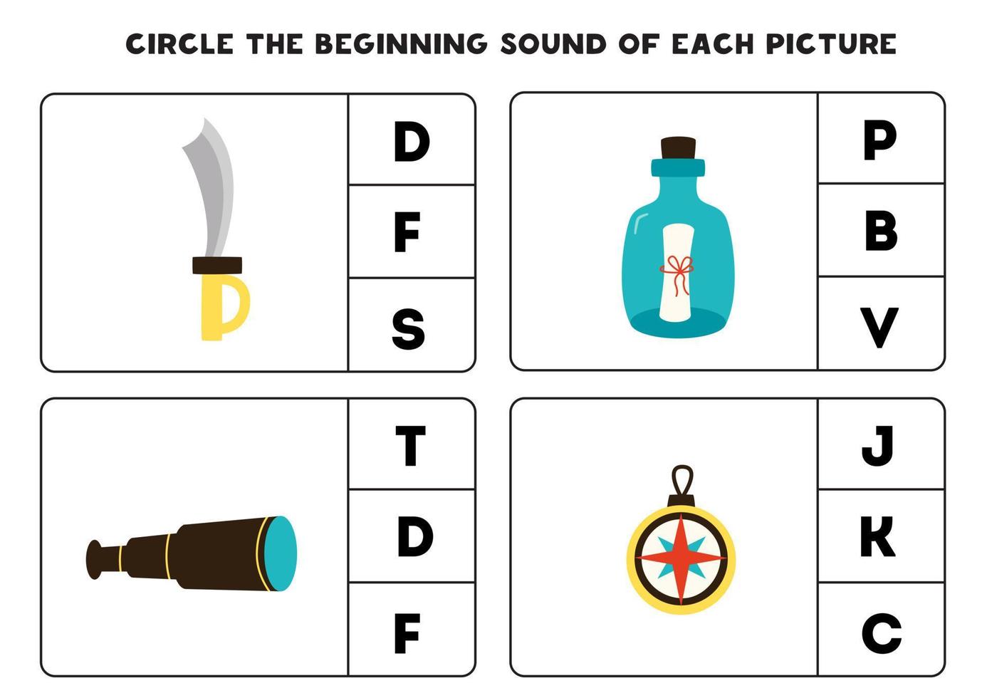 Worksheet for kids. Find the beginning sound of pirate elements. vector