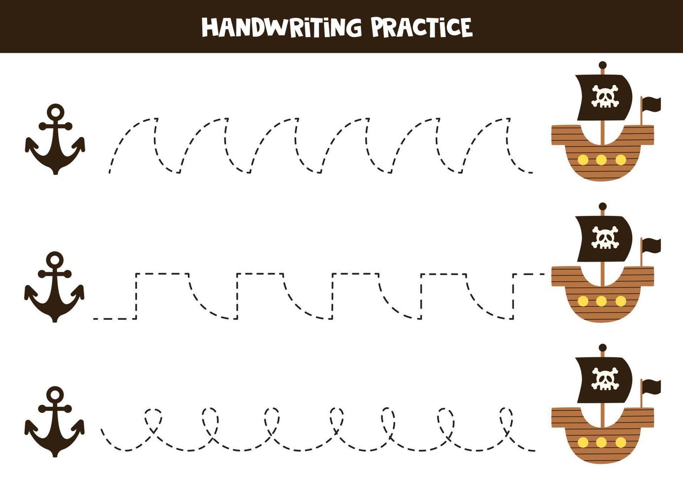 Tracing lines for kids. Pirate ship and anchor. Writing practice. vector