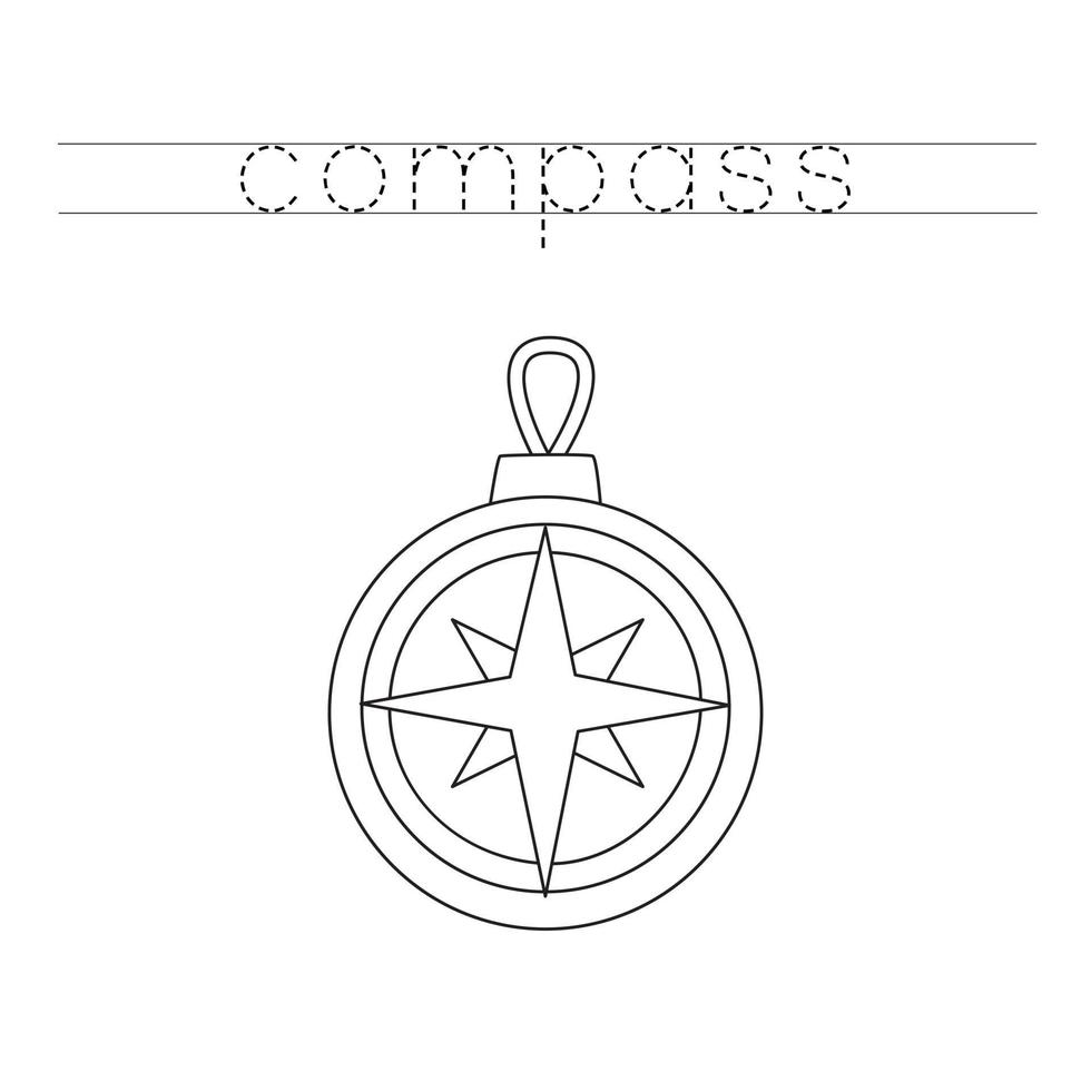 Trace the letters and color navigational compass. Handwriting practice for kids. vector
