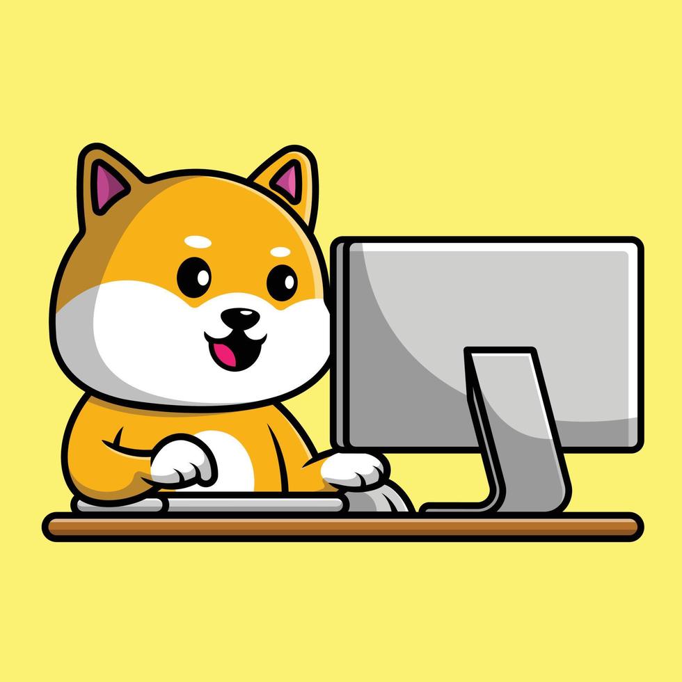 Cute Shiba Inu Dog Working On Computer Cartoon Vector Icon Illustration. Animal Technology Icon Concept Isolated Premium Vector.