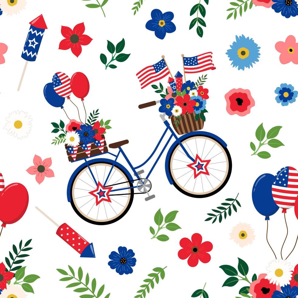bicicleta azul retro floral patriótica americana con banderas americanas y globos de patrones sin fisuras. aislado sobre fondo blanco. fondo de diseño temático del día de la independencia americana. vector