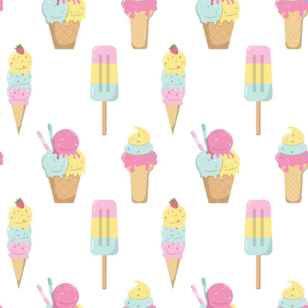 Cartoon tasty ice cream in pastel colors seamless pattern. Isolated on white background. Print with frozen creamy desserts, waffles cones. Sundae ice scoops vector texture, holiday paper