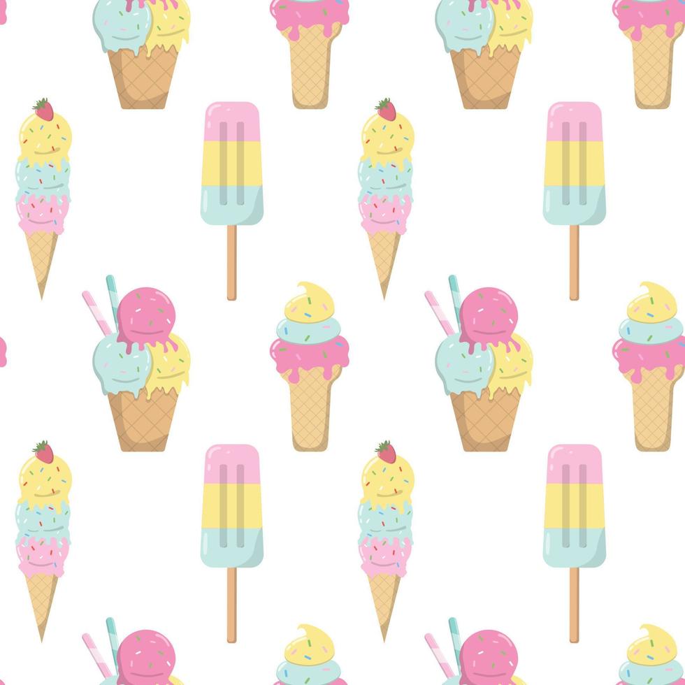 helado sabroso de dibujos animados en patrones sin fisuras de colores pastel. aislado sobre fondo blanco. imprime con postres cremosos congelados, conos de gofres. sundae cucharadas de hielo textura vectorial, papel de vacaciones vector