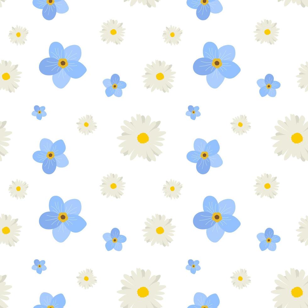 Floral pattern with white and blue flowers. Isolated on a white background. Seamless vector pattern for design and fashion prints. Ditsy style. Spring bouquet.